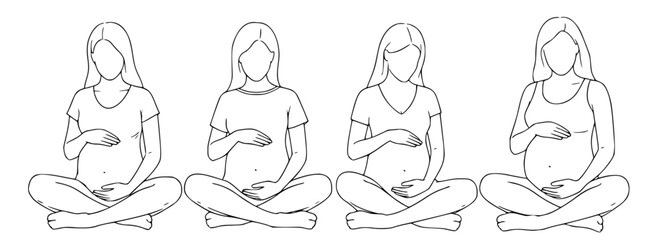 Line art illustrations of expectant mothers meditating serenely, embracing the journey of pregnancy with calm and focus in a comfortable seated position, symbolizing maternal wellness and peace