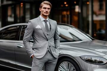 Smartly dressed man poses confidently beside luxury gray car in urban setting