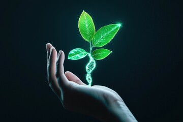 Open hand holding a glowing green plant with a dna double helix structure, symbolizing biotechnology, genetic engineering, and scientific advancements in plant biology