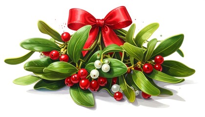 Festive Mistletoe with Red Bow - A Symbol of Holiday Cheer and Tradition.