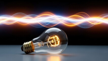 Illuminated light bulb on a dark surface, vibrant orange and blue energy streams radiating behind