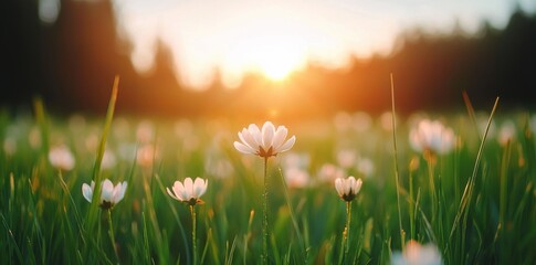 White wildflowers glowing under golden sunset, spreading across lush meadow with soft, ethereal luminescence and tranquil pastoral ambiance