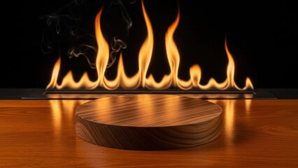 Round wooden plinth on warm reflective surface, against modern linear fireplace with bright, dancing flames