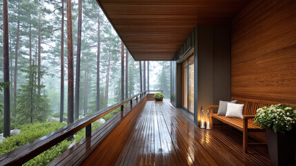 Naklejka premium Wooden terrace with bench, cushion, potted plant, and lanterns overlooks lush green forest in peaceful rainy weather, natural retreat