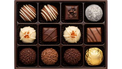 Top-down view of a professional chocolate box with twelve compartments containing a variety of luxury truffles and pralines