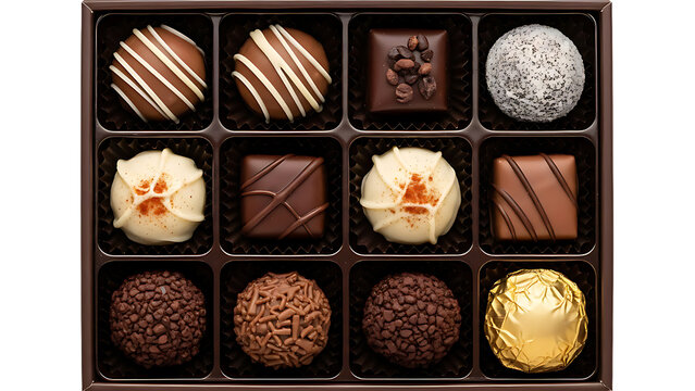 Top-down view of a professional chocolate box with twelve compartments containing a variety of luxury truffles and pralines