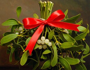 Festive Mistletoe with Red Ribbon - A Symbol of Christmas Tradition.