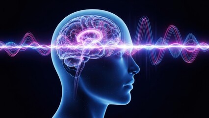 A glowing human head in profile with an illuminated brain, emitting vibrant purple and blue brainwave signals