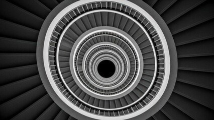 Abstract View of a Spiral Staircase in Black and White.