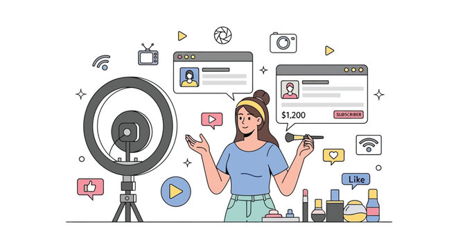 Influencer creating content with ring light makeup and digital icons silhouette