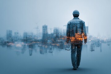 Professional person overlaying modern city skyline and construction site reflecting vision and growth