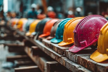 Fototapeta premium Row of colorful hard hats sitting on wooden planks at a construction site