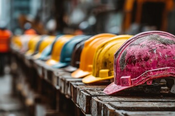 Row of various colored hard hats sitting on a wooden beam at a building site
