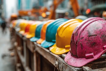 Protective hard hats in various colors representing safety and teamwork at a building site