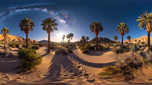 Panoramic view of a desert landscape with palm trees under a starry night sky.