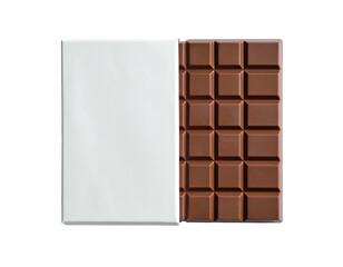 Obraz premium Open chocolate bar, one side unwrapped, revealing segmented confection
