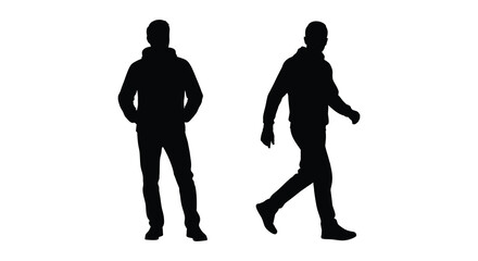 Two men walking depicted in stark contrast as a dark silhouette