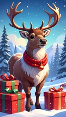 Festive Reindeer with Gifts in Snowy Winter Wonderland Illustration.