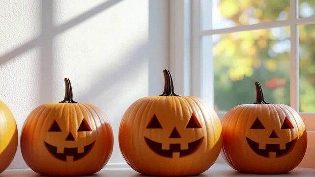 Festive Halloween pumpkins with carved faces lined up on a windowsill, creating a spooky atmosphere.