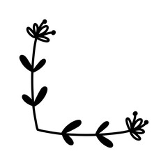 Simple hand-drawn floral corner element, black vector doodle with leaves and buds, perfect for decorative design accents.