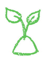 Simple hand-drawn green sprout icon with two leaves symbolizing growth, nature, and eco-friendly themes, perfect for kids projects and creative design.