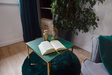 Salon w nowoczesnym apartamencie w zielonej tonacji kolorystycznej © arteffect.pl