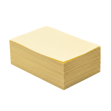 A neatly arranged stack of yellow sticky notes isolated on a plain background viewed from above