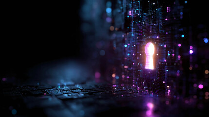 The neon silhouette of a keyhole glows against the background of an electric chip and vertical data. Access, cybersecurity, and digital information protection.