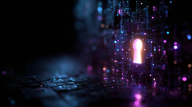 The neon silhouette of a keyhole glows against the background of an electric chip and vertical data. Access, cybersecurity, and digital information protection.