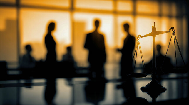 Silhouette figures of lawyers against the backdrop of a sunset window; in the foreground, the scales of justice represent legal advice, judicial practice, and jurisprudence.