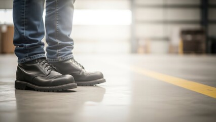 Fototapeta premium Person in jeans and work boots stands on a concrete floor with a yellow line in a spacious warehouse