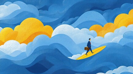Businessman surfing vibrant blue waves with briefcase under golden clouds symbolizing ambition, adaptability, and navigating success Generative AI