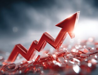 Shiny red glass arrow pointing upward rising from shattered fragments symbolizing growth, breakthrough, and financial success Generative AI