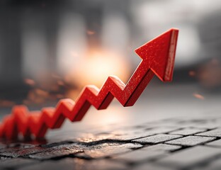 Red arrow with upward trend rising from cobblestone surface against dramatic light symbolizing financial growth Generative AI