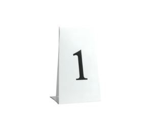 White tent card with black numeral "1" on black