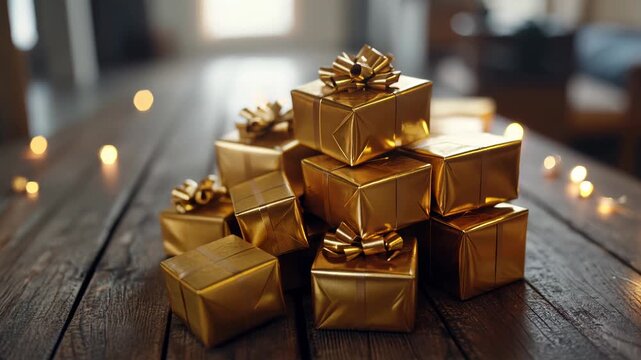 A pile of gold boxes with bows on top of a wooden table