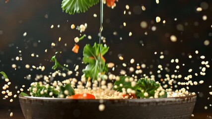 3D animated quinoa salad assembly, vegetables floating air, glowing effects, transparent bowl, layer-by-layer build, futuristic food presentation, vibrant colors, dynamic camera rotation, 4K video