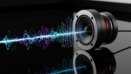 Two sleek speakers on a dark reflective surface emit vibrant blue and purple abstract sound waves