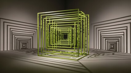 Abstract geometric tunnel with glowing neon squares creating an optical illusion.