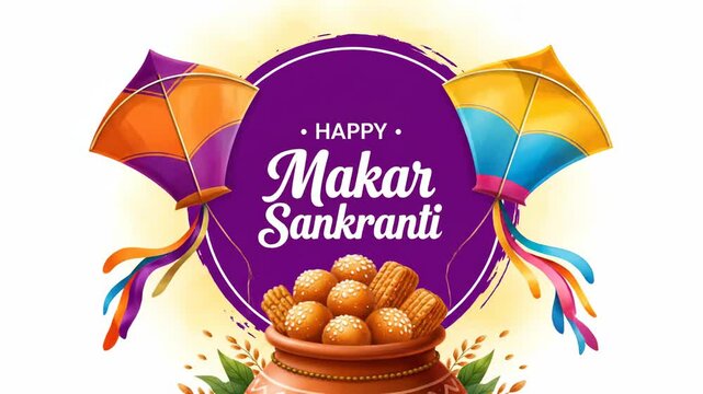 Happy Makar Sankranti Festival Banner with Kites Sweets Pot Illustration