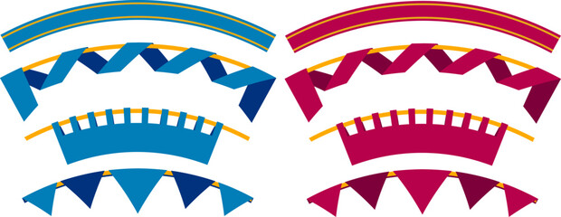 赤と青のカーブしたリボンとガーランド風バナーの装飾セットの見出しやキャンペーン、イベント告知に使えるイラスト素材