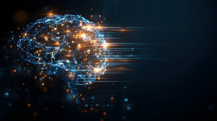 Futuristic Glowing Brain with Digital Grid. Artificial Intelligence and Neural Network Concept. Digital brain made of glowing nodes and lines, neural networks and AI.