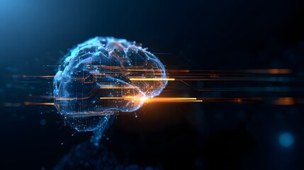 Futuristic Glowing Brain with Digital Grid. Artificial Intelligence and Neural Network Concept. Digital brain made of glowing nodes and lines, neural networks and AI.