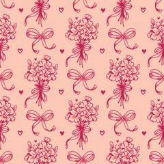Pink seamless pattern with spring flower bouquets and ribbon bows. Hand-drawn sketch line art with visible strokes for feminine coquette fabric, packaging and surface design.