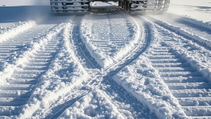 Snowmobile tracks in fresh snow on a sunny winter day.