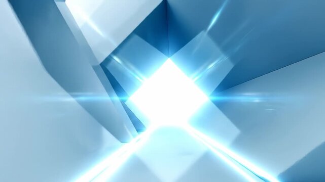 Abstract architectural corridor with geometric shapes and bright light at the end.