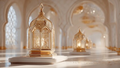 Ornate golden lanterns illuminated softly in a grand, spacious hall with intricate architectural details, creating a serene and enchanting atmosphere for festive celebrations
