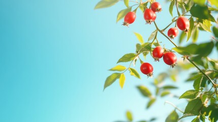 Obraz premium Rosy hues: Vivid rosehips against a cerulean sky, a botanical dance of color