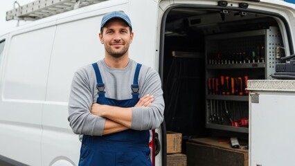 A smiling tradesman in blue overalls stands with crossed arms in front of his white work van filled with tools