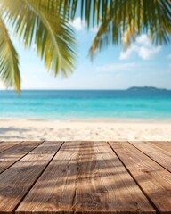 Fototapeta premium A tranquil beach scene featuring a wooden table in the foreground. The turquoise sea and sky blend seamlessly in the background, offering a sense of peace and tranquility